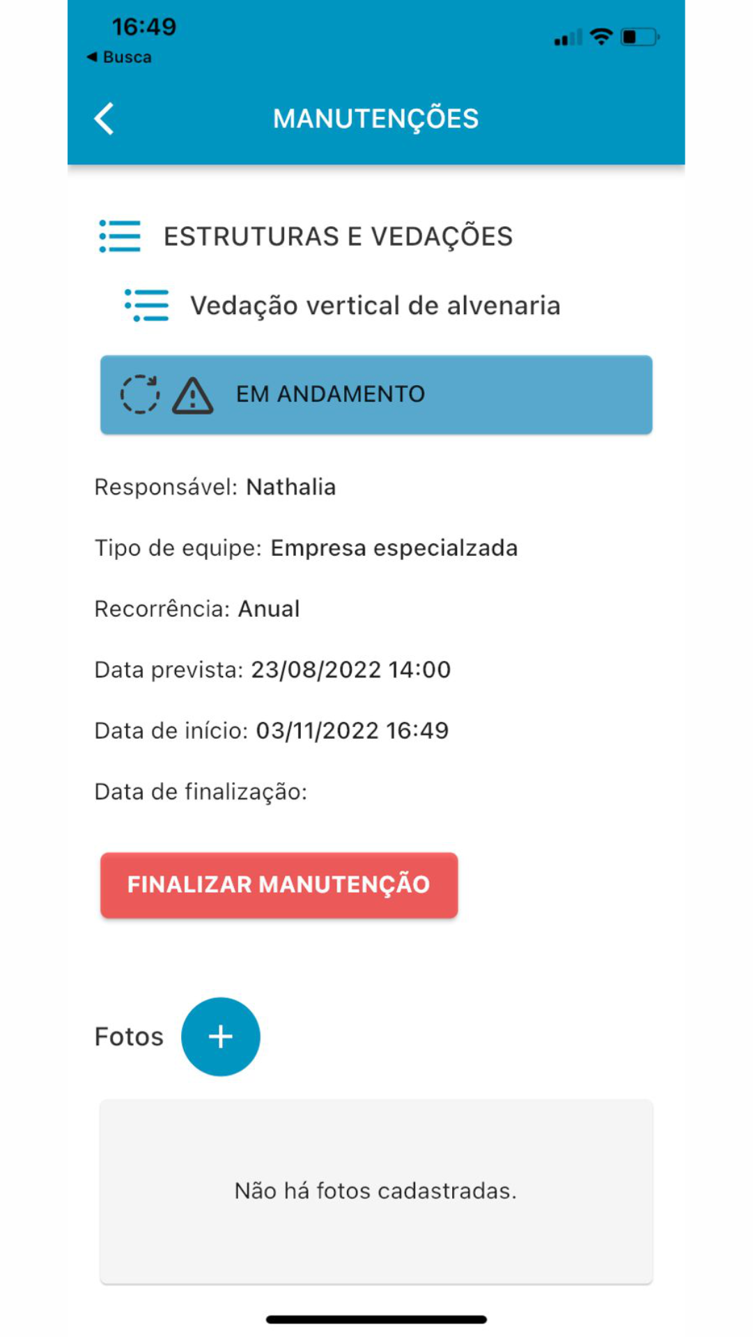 Registro da manutenção